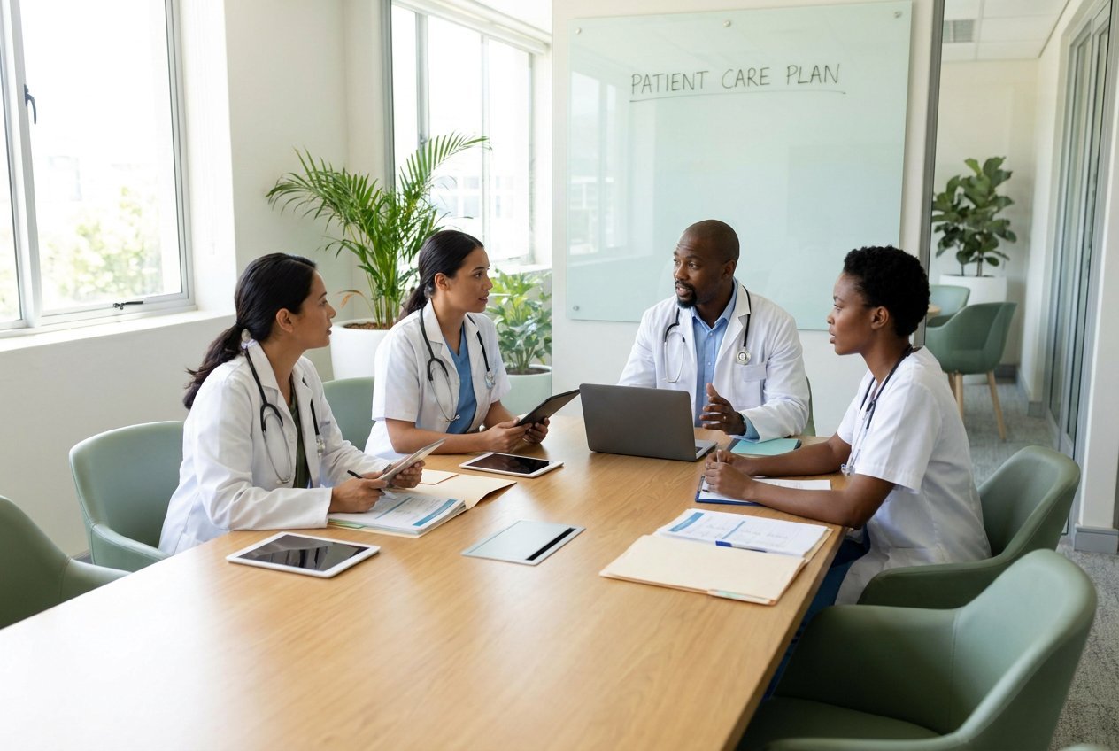 Equipe multiprofissional com estetoscópios em reunião de cuidado