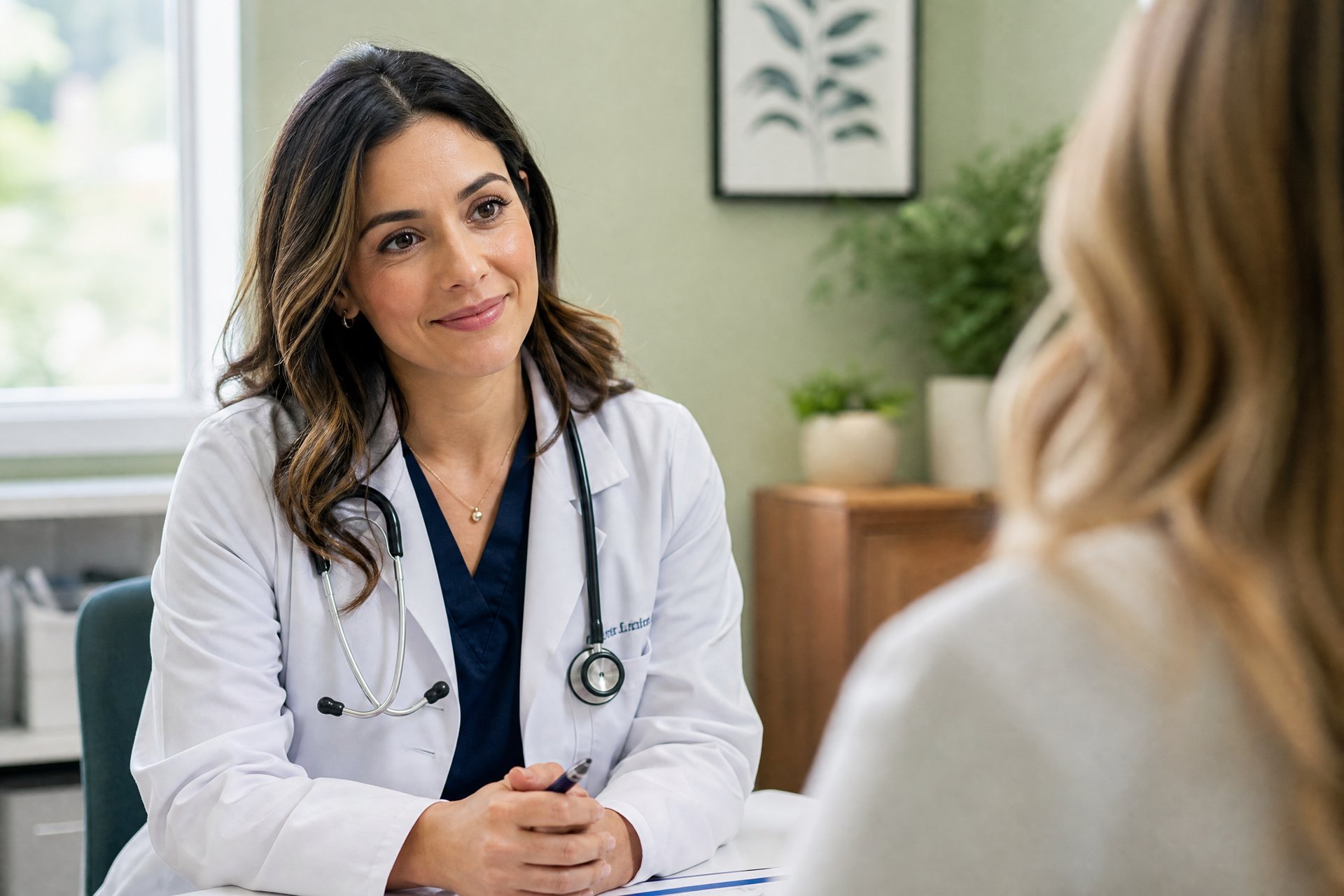 Médica com estetoscópio atendendo paciente no CRAD
